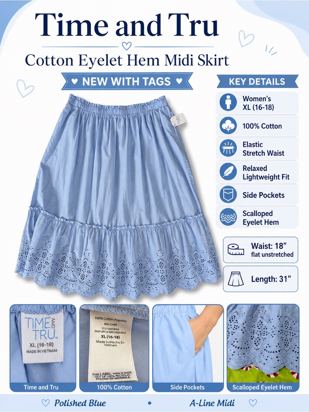 Time and Tru Cotton Eyelet A-Line Midi Skirt XL Light Blue Elastic Waist Pockets - Picture 2 of 16